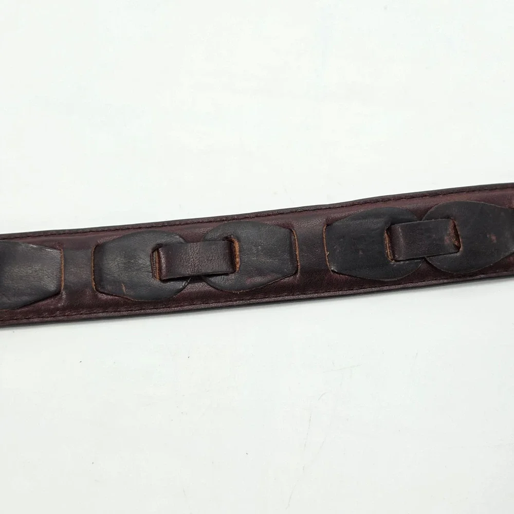 VTG Brown Leather Belt Mens 42 Oil Tanned Cowhide Solid Brass Woven Link 2534-02